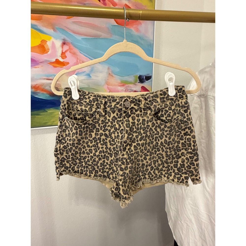 YMI Leopard Print Denim Shorts Raw Hem Animal Print Tan Black Size 9/29
